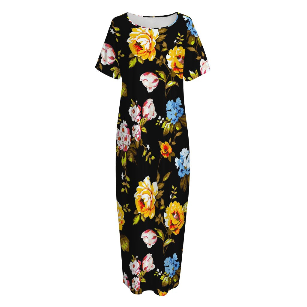 Vintage Floral Flower Pattern Print Short Sleeve Long Nightdress