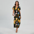 Vintage Floral Flower Pattern Print Short Sleeve Maxi Dress