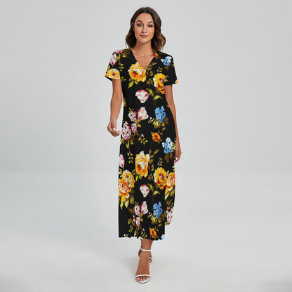 Vintage Floral Flower Pattern Print Short Sleeve Maxi Dress