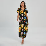 Vintage Floral Flower Pattern Print Short Sleeve Maxi Dress