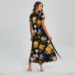 Vintage Floral Flower Pattern Print Short Sleeve Maxi Dress