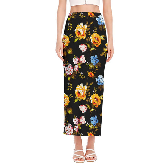 Vintage Floral Flower Pattern Print Side Slit Maxi Skirt