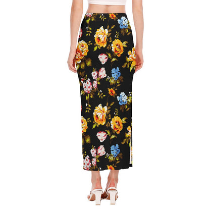 Vintage Floral Flower Pattern Print Side Slit Maxi Skirt