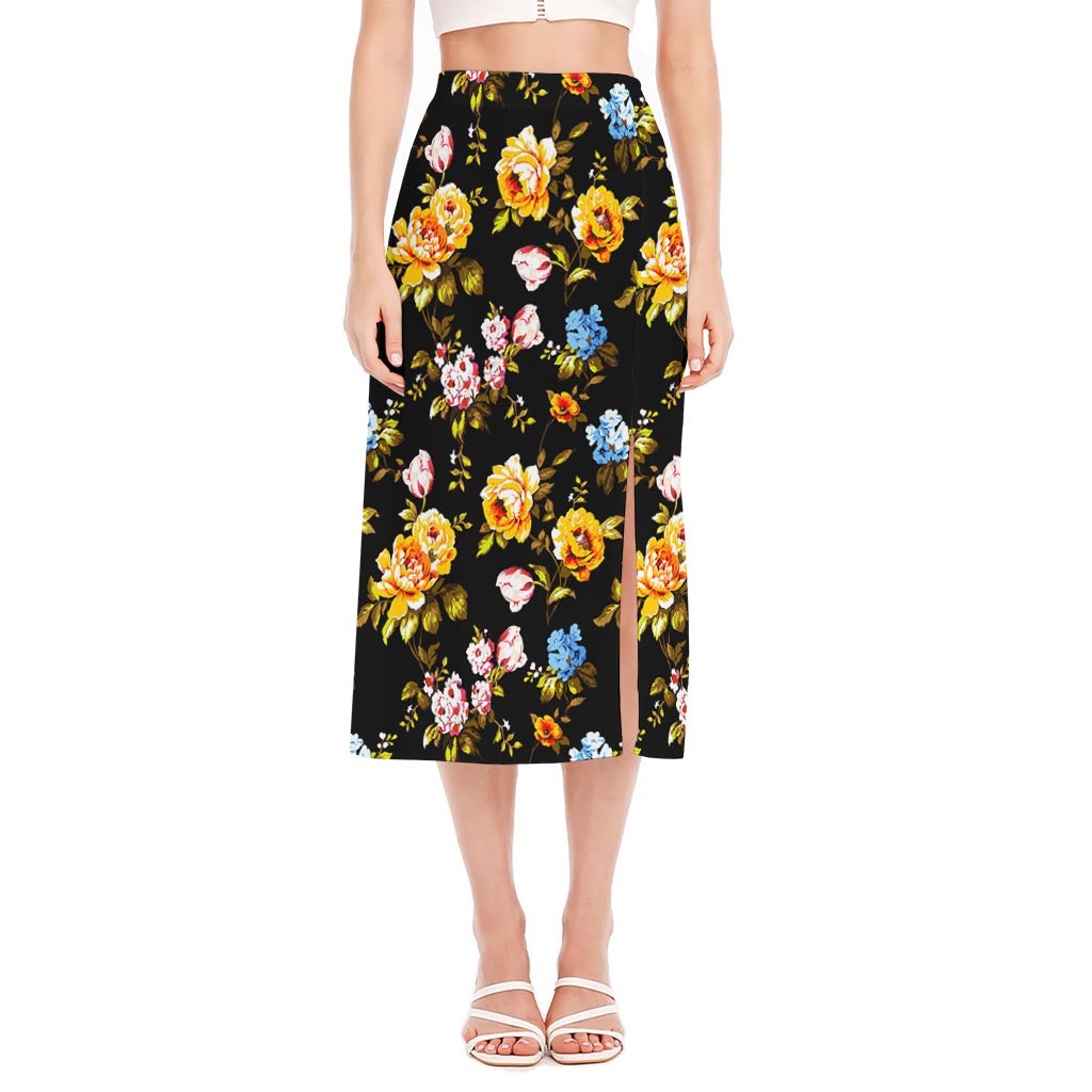 Vintage Floral Flower Pattern Print Side Slit Midi Skirt
