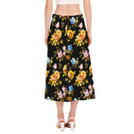 Vintage Floral Flower Pattern Print Side Slit Midi Skirt