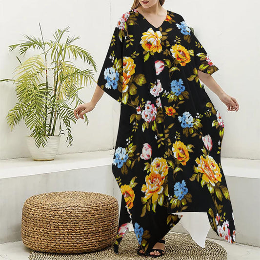 Vintage Floral Flower Pattern Print Silk V-Neck Kaftan Dress