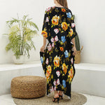 Vintage Floral Flower Pattern Print Silk V-Neck Kaftan Dress