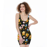 Vintage Floral Flower Pattern Print Sleeveless Bodycon Dress