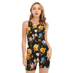 Vintage Floral Flower Pattern Print Sleeveless One Piece Swimsuit