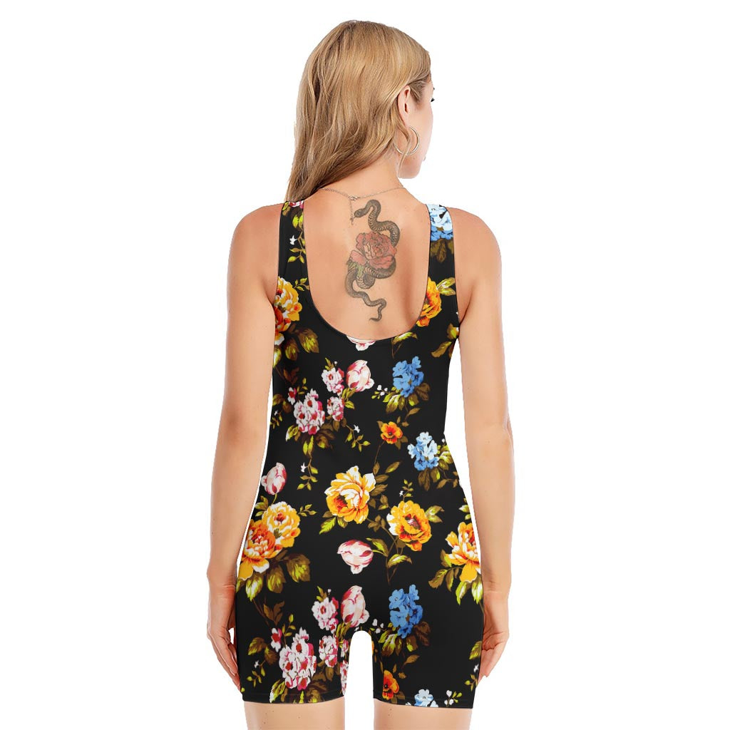 Vintage Floral Flower Pattern Print Sleeveless One Piece Swimsuit