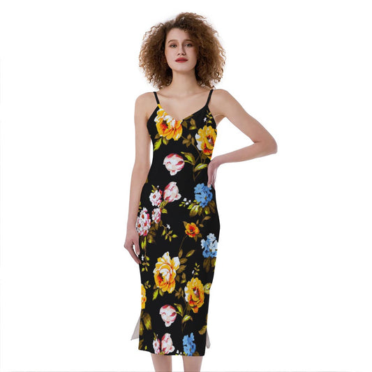 Vintage Floral Flower Pattern Print Slim Fit Midi Cami Dress