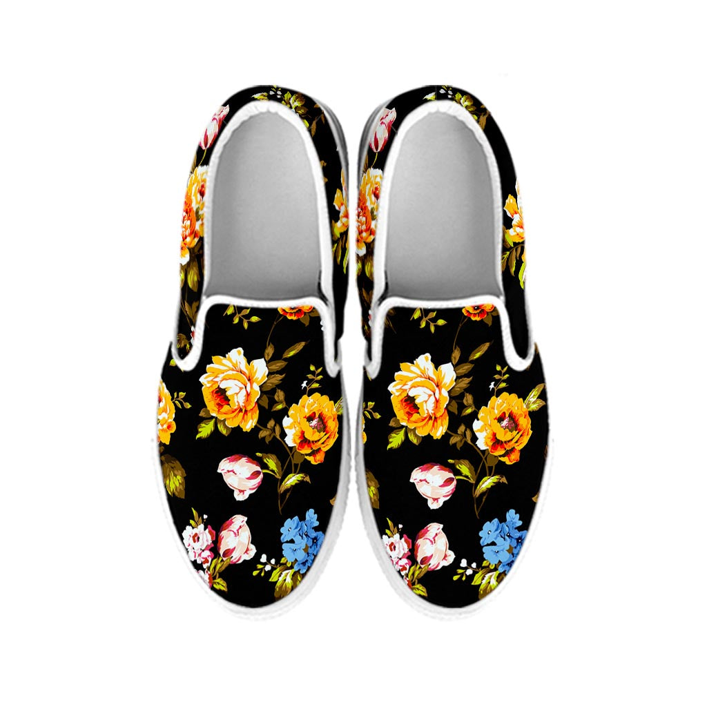 Vintage Floral Flower Pattern Print White Slip On Sneakers