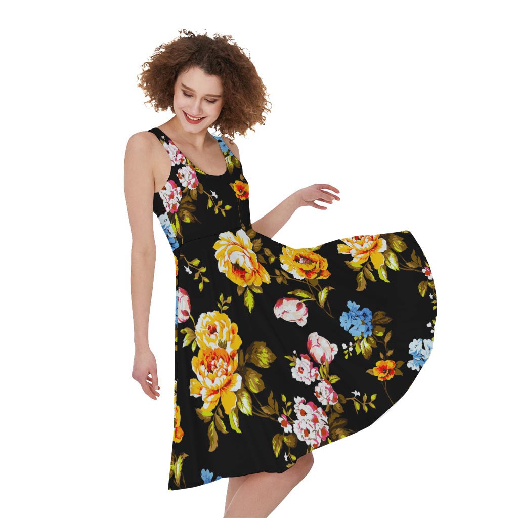 Vintage Floral Flower Pattern Print Women's Sleeveless Dress