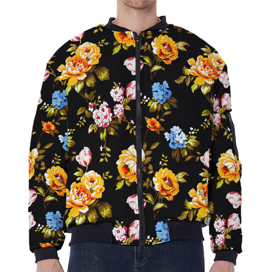 Vintage Floral Flower Pattern Print Zip Sleeve Bomber Jacket