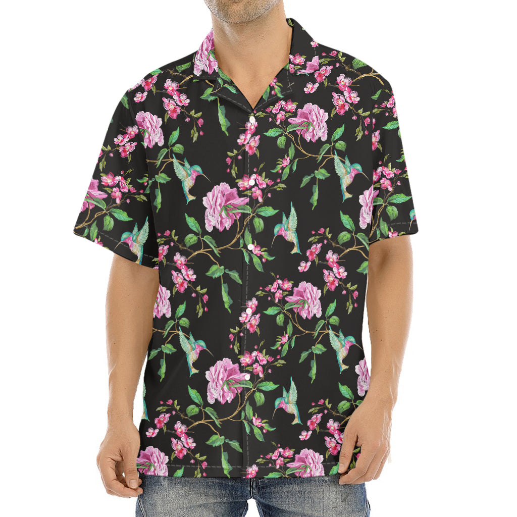 Vintage Floral Hummingbird Print Aloha Shirt