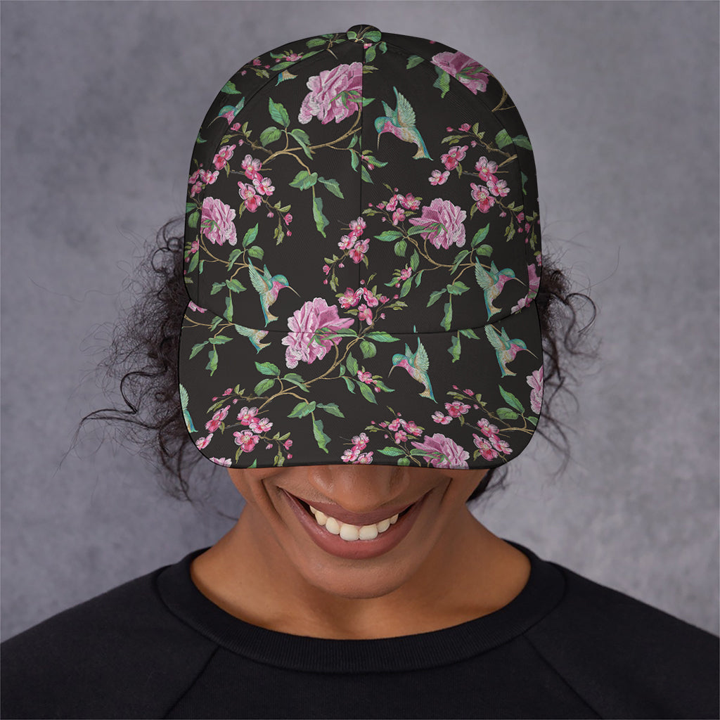 Vintage Floral Hummingbird Print Baseball Cap