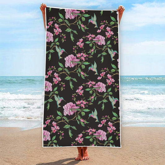 Vintage Floral Hummingbird Print Beach Towel