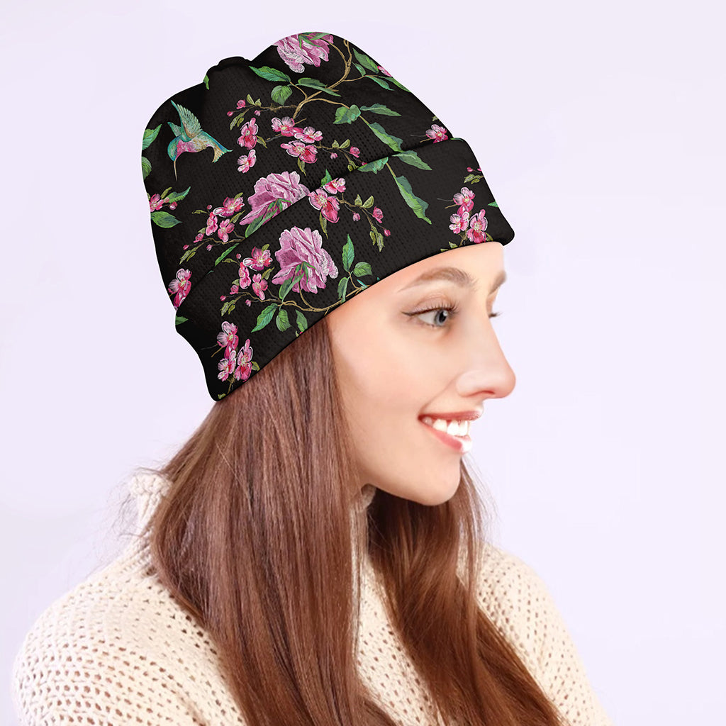Vintage Floral Hummingbird Print Beanie