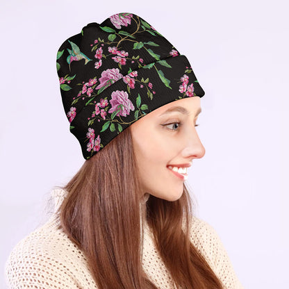 Vintage Floral Hummingbird Print Beanie