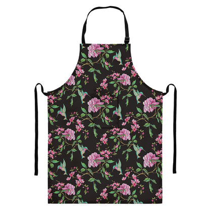 Vintage Floral Hummingbird Print Bib Apron With Pocket