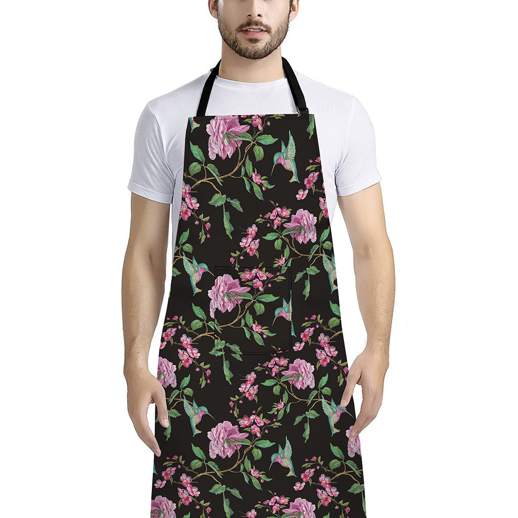 Vintage Floral Hummingbird Print Bib Apron With Pocket