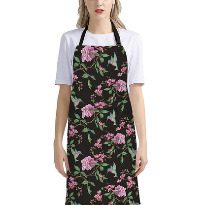 Vintage Floral Hummingbird Print Bib Apron With Pocket