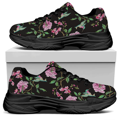 Vintage Floral Hummingbird Print Black Chunky Shoes