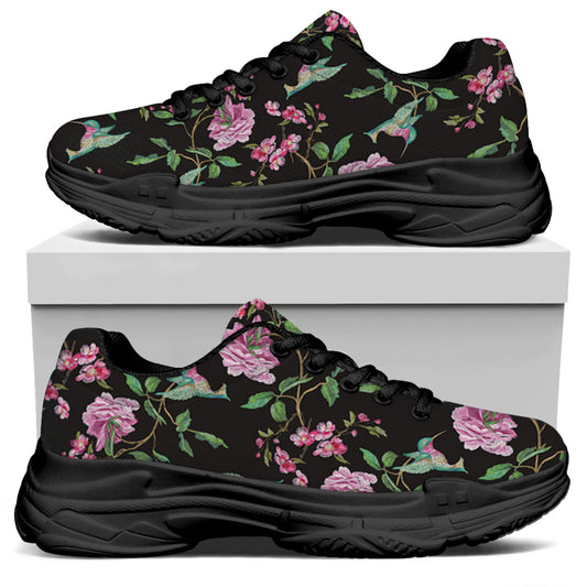 Vintage Floral Hummingbird Print Black Chunky Shoes