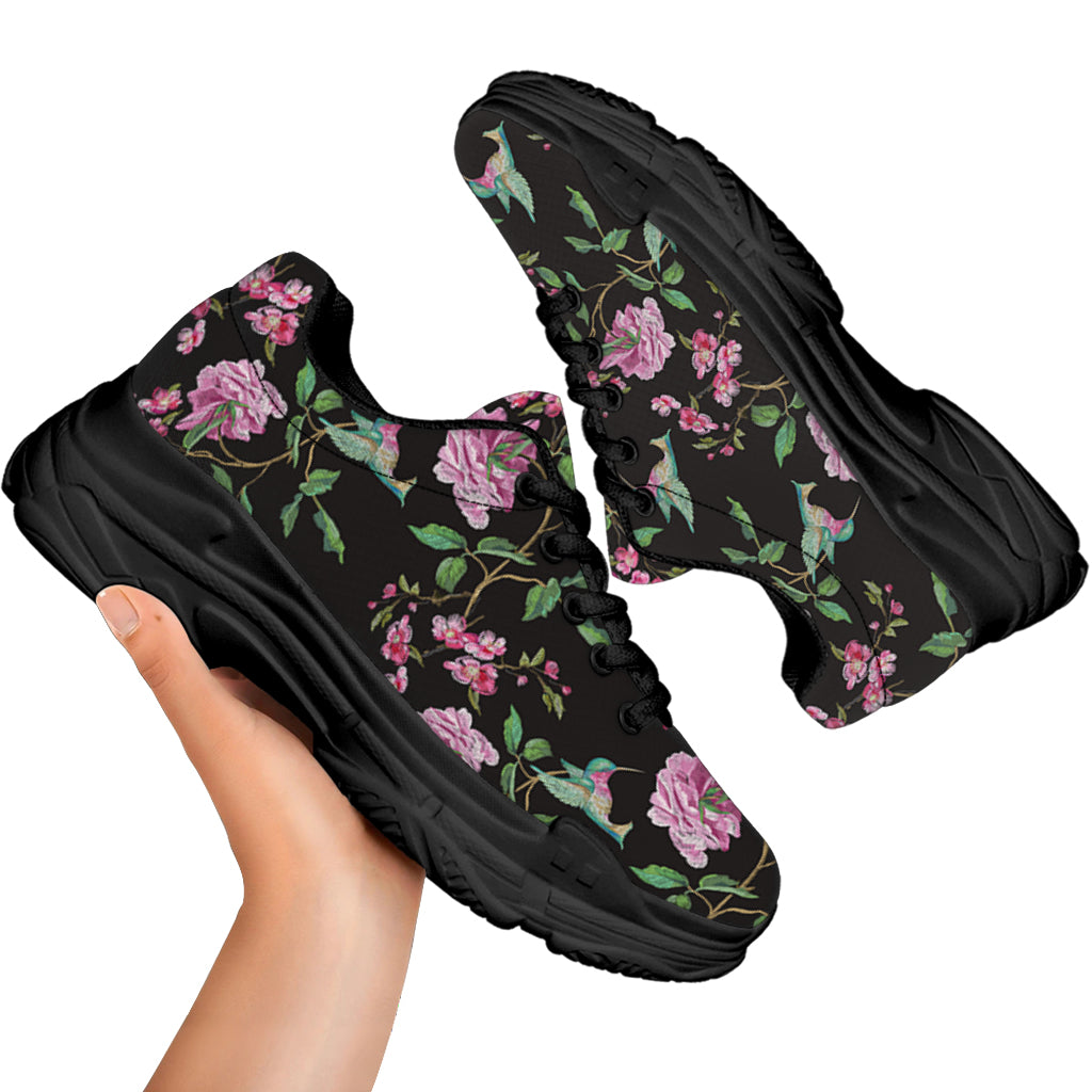 Vintage Floral Hummingbird Print Black Chunky Shoes