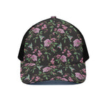 Vintage Floral Hummingbird Print Black Mesh Trucker Cap