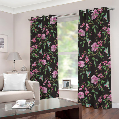 Vintage Floral Hummingbird Print Blackout Grommet Curtains