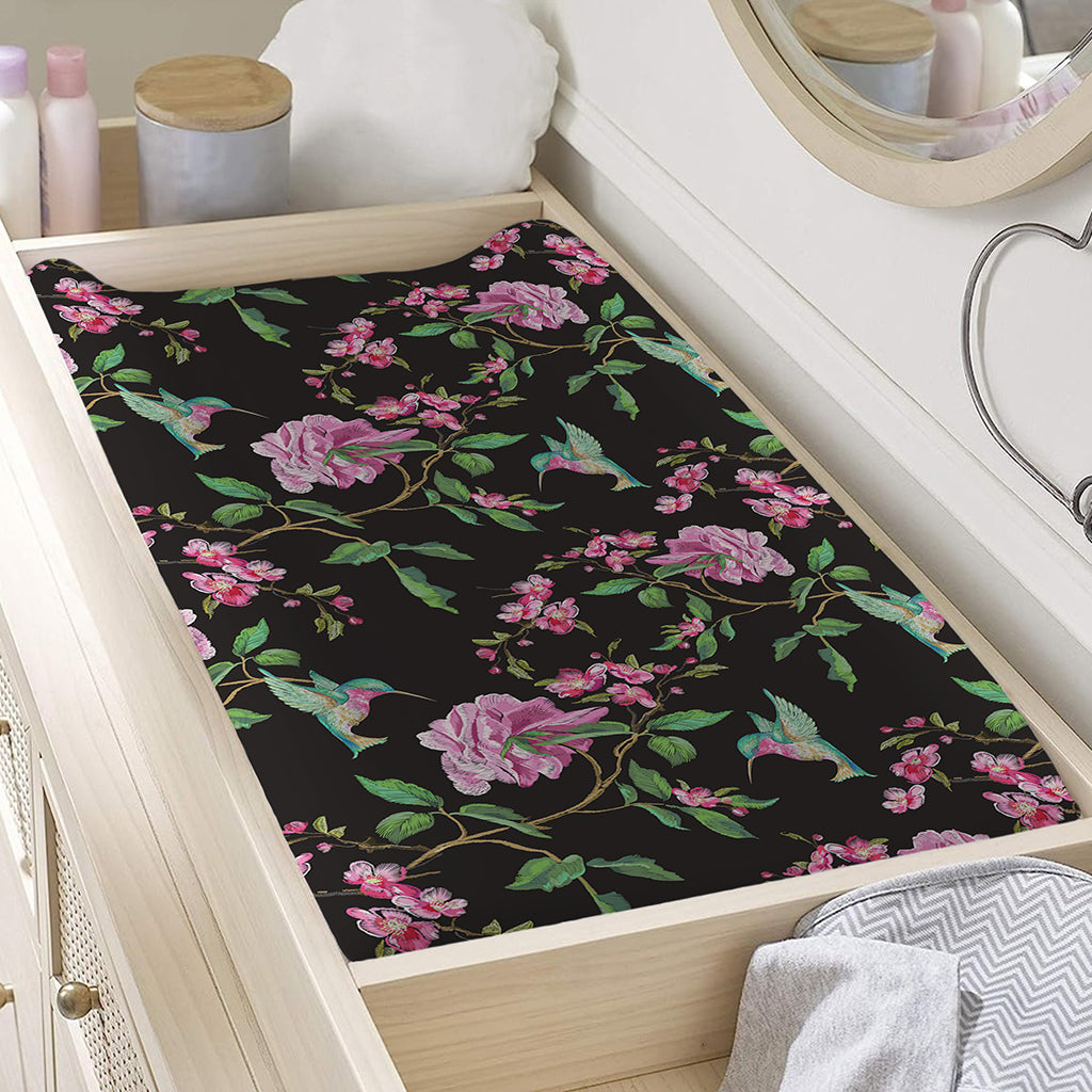 Vintage Floral Hummingbird Print Changing Pad Cover