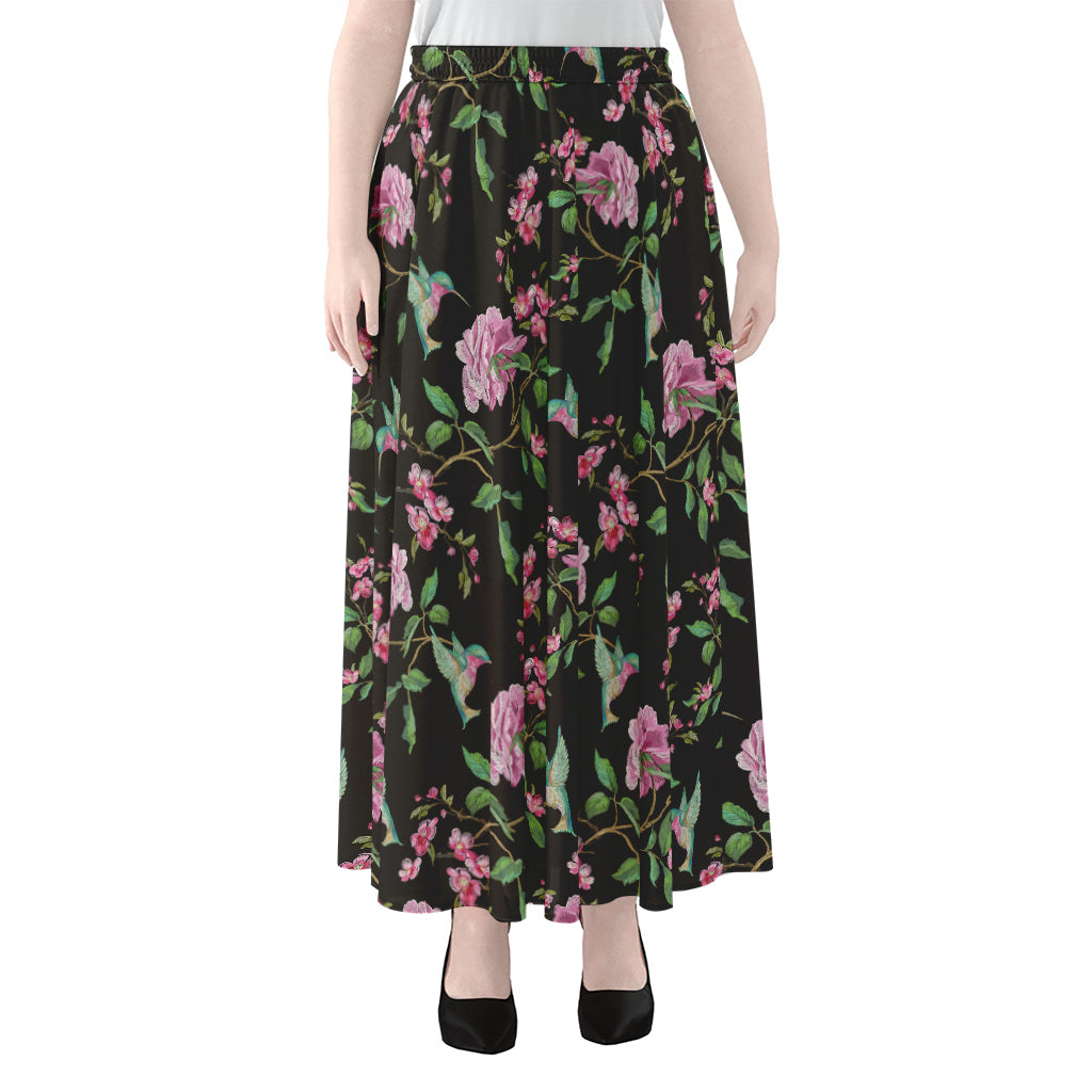 Vintage Floral Hummingbird Print Chiffon Maxi Skirt