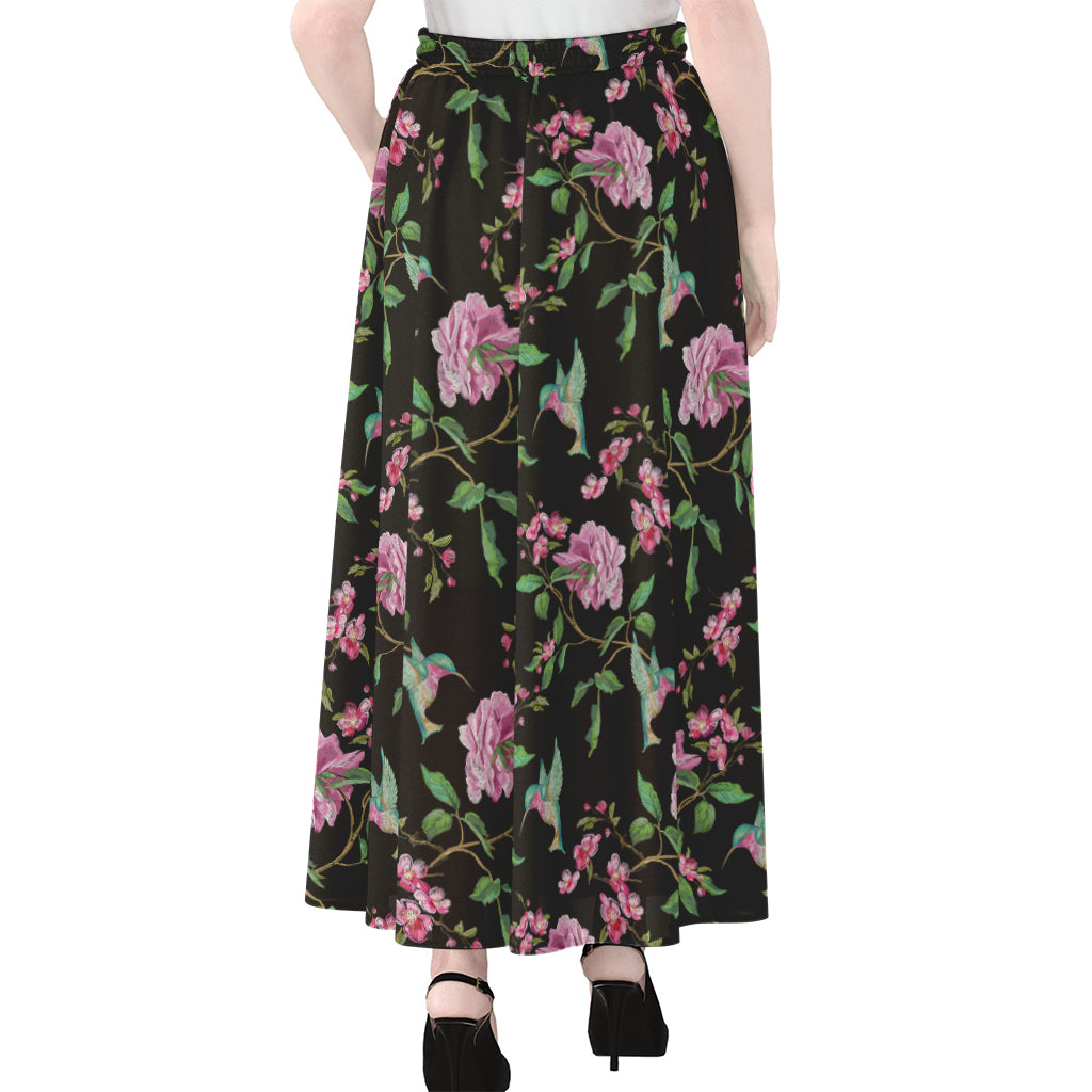 Vintage Floral Hummingbird Print Chiffon Maxi Skirt