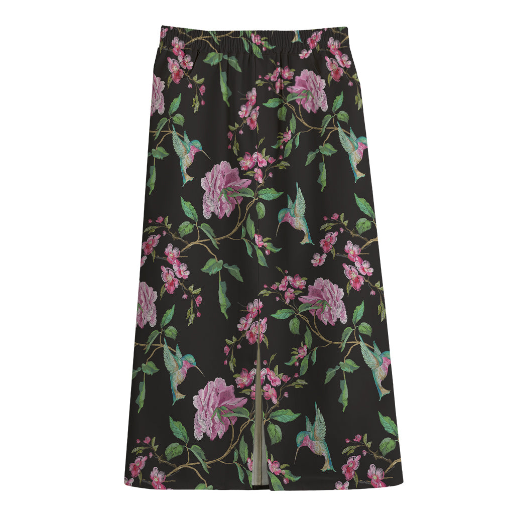 Vintage Floral Hummingbird Print Cotton Front Slit Maxi Skirt