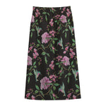 Vintage Floral Hummingbird Print Cotton Front Slit Maxi Skirt