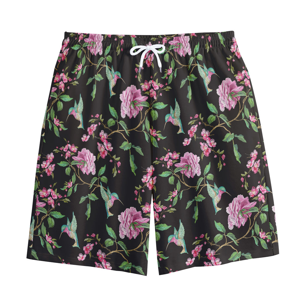 Vintage Floral Hummingbird Print Cotton Shorts