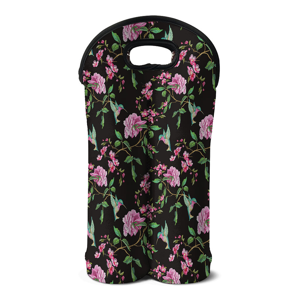 Vintage Floral Hummingbird Print Double Neoprene Wine Tote