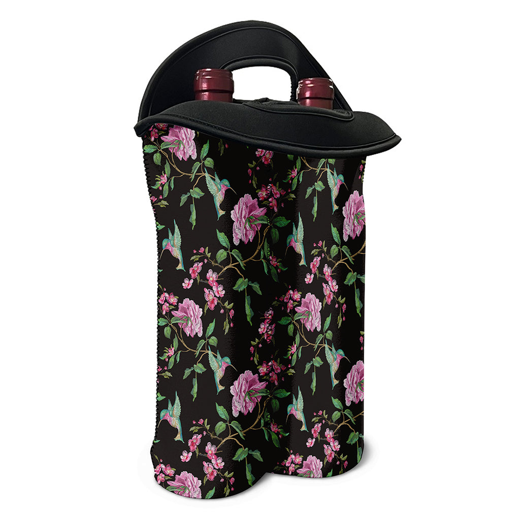 Vintage Floral Hummingbird Print Double Neoprene Wine Tote
