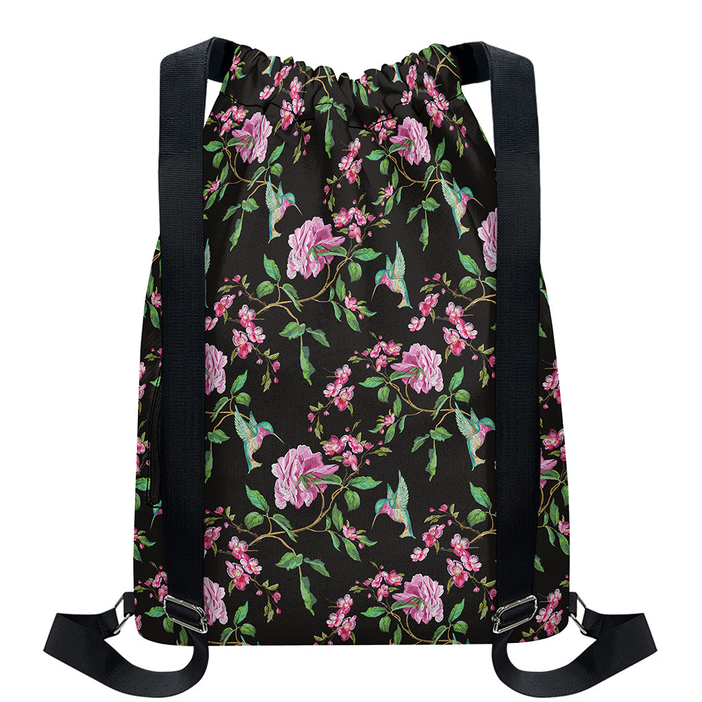 Vintage Floral Hummingbird Print Drawstring Backpack