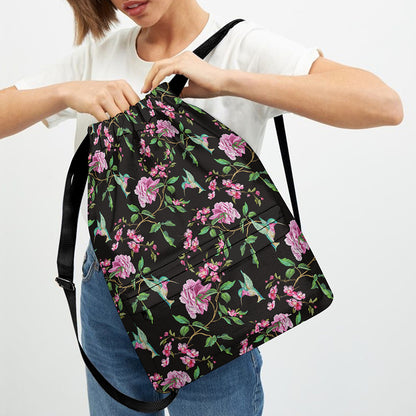 Vintage Floral Hummingbird Print Drawstring Backpack
