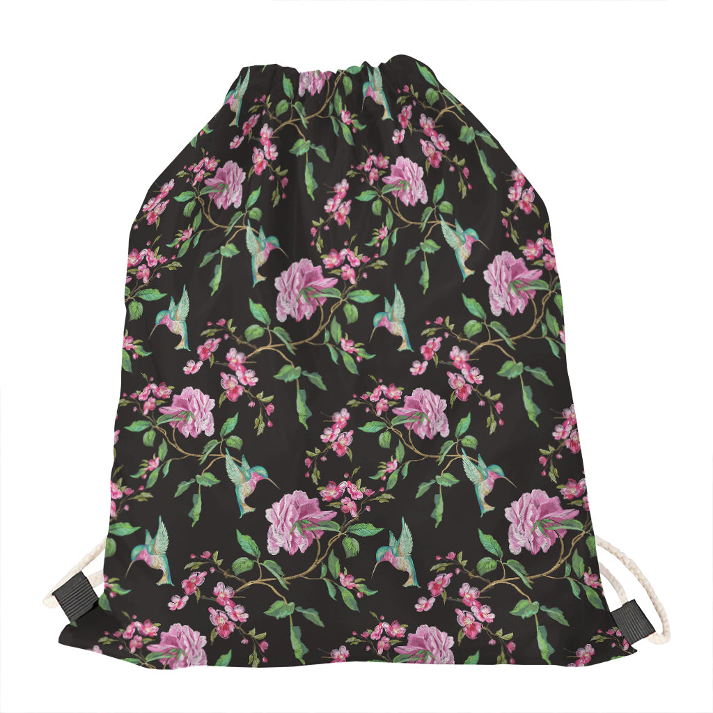 Vintage Floral Hummingbird Print Drawstring Bag
