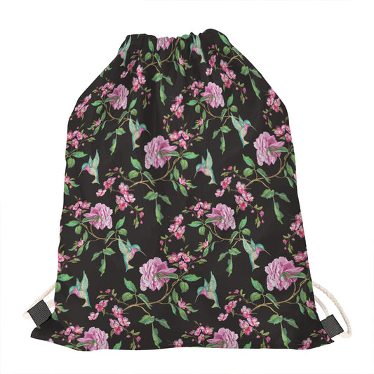 Vintage Floral Hummingbird Print Drawstring Bag