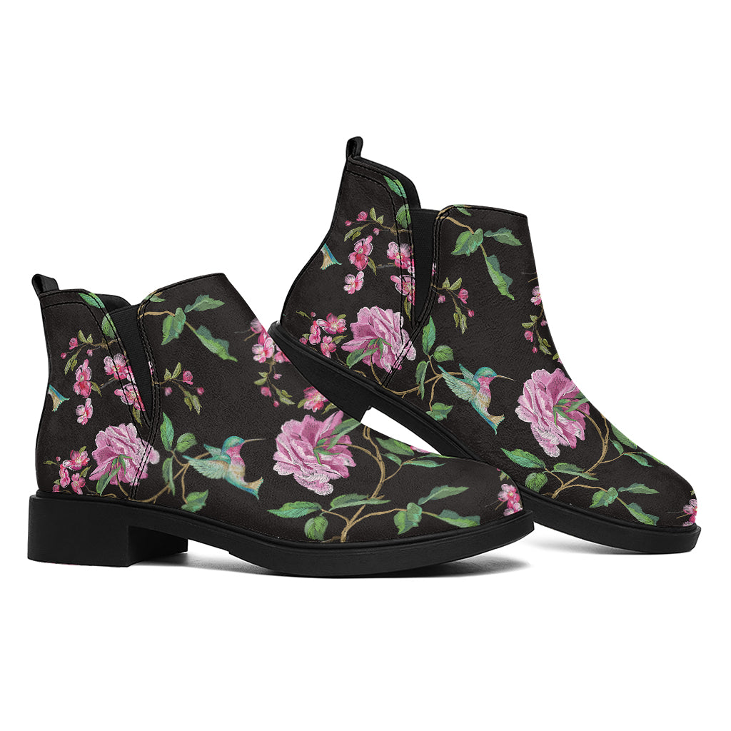 Vintage Floral Hummingbird Print Flat Ankle Boots