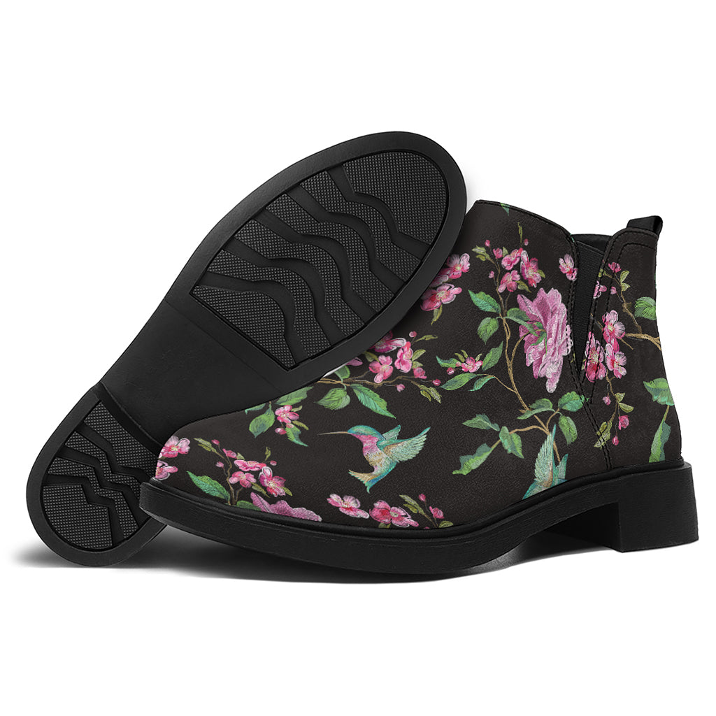 Vintage Floral Hummingbird Print Flat Ankle Boots
