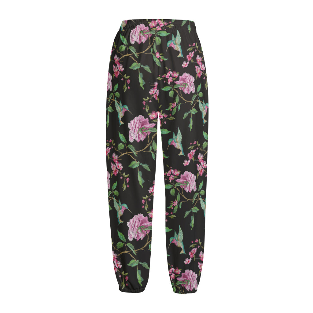 Vintage Floral Hummingbird Print Fleece Lined Knit Pants