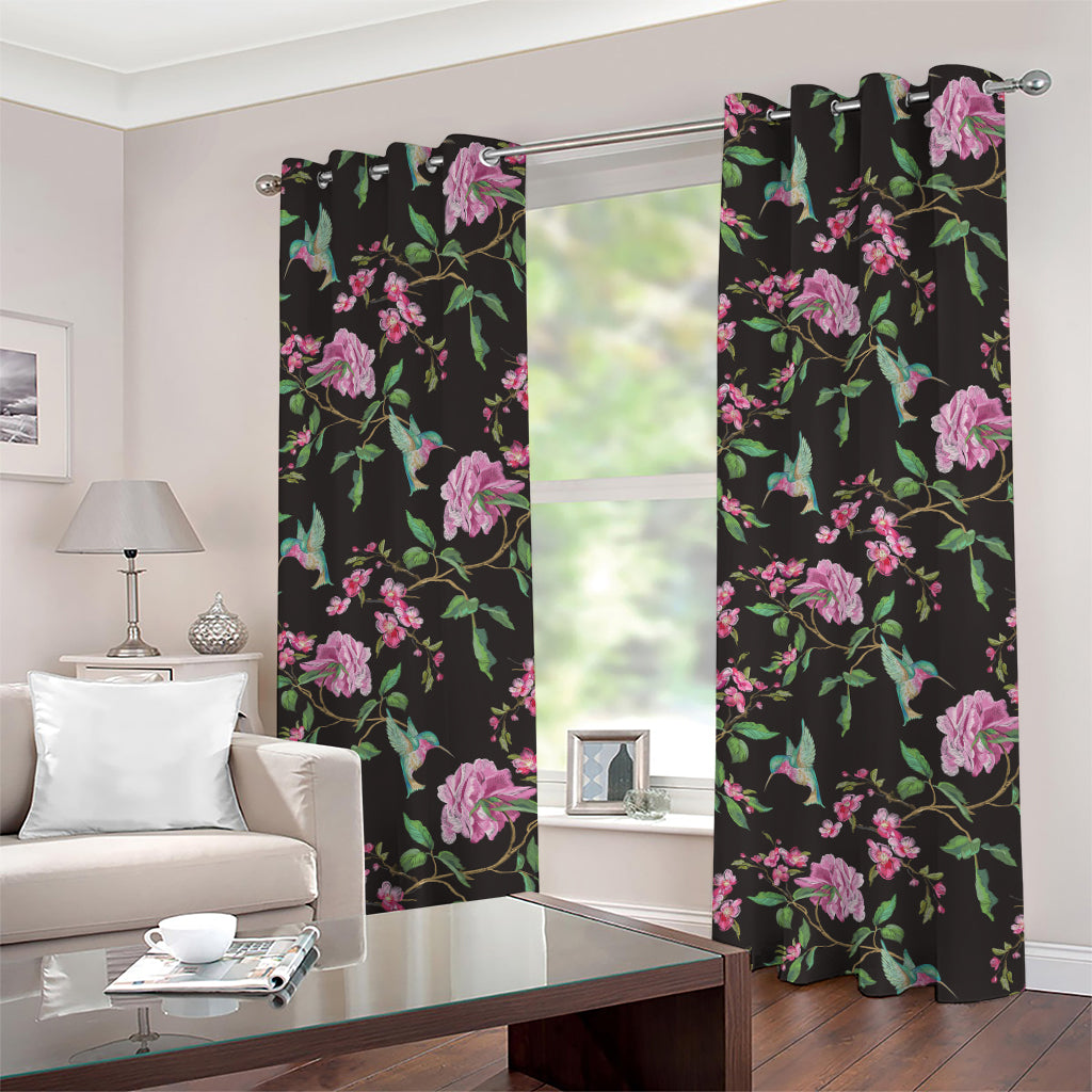 Vintage Floral Hummingbird Print Grommet Curtains