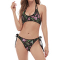 Vintage Floral Hummingbird Print Halter Scoop Tie Side Bikini