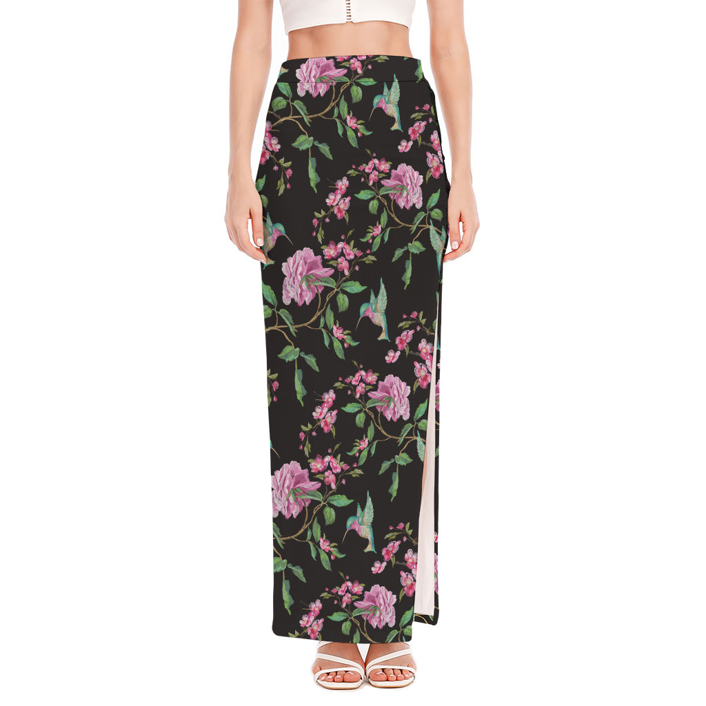 Vintage Floral Hummingbird Print High Slit Maxi Skirt