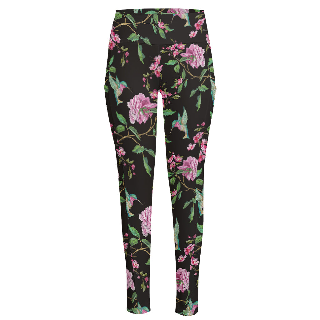 Vintage Floral Hummingbird Print High-Waisted Pocket Leggings